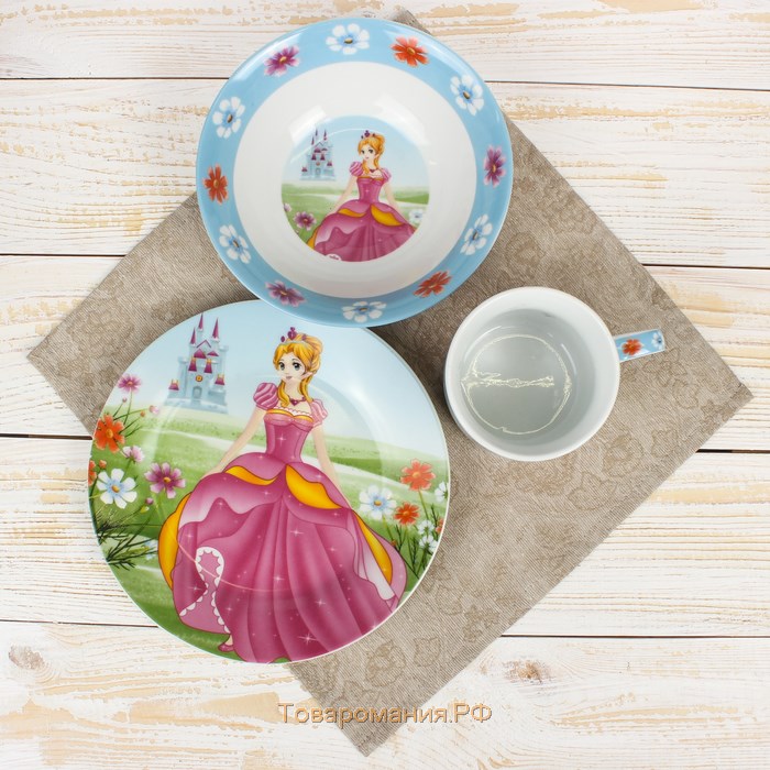 Набор детской посуды из керамики «Волшебница», 3 предмета: кружка 230 мл, миска 400 мл, тарелка d=18 см, цвет белый