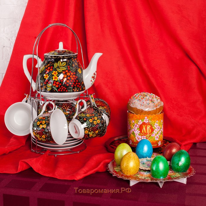 Сервиз чайный керамический на металлической подставке «Хохлома», 13 предметов: 6 чашек 210 мл, 6 блюдец d=14 см, чайник 1 л