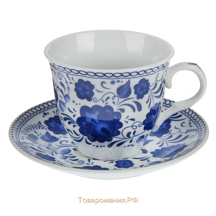 Сервиз керамический чайный «Русский узор»,13 предметов на подставке: 6 чашек 210 мл, 6 блюдец, чайник