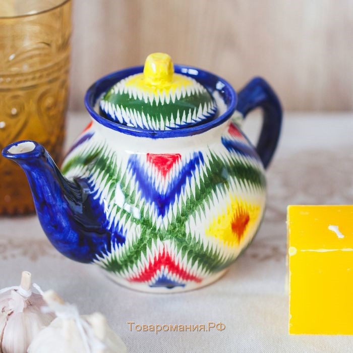 Набор чайный Риштанская керамика "Атлас №2", 9 предметов (чайник 1л, пиалы 0,3л), микс