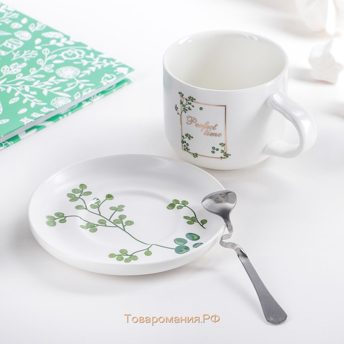 Набор керамический чайный с ложкой «Ботаника», 2 предмета: чашка 200 мл, блюдце, цвет МИКС