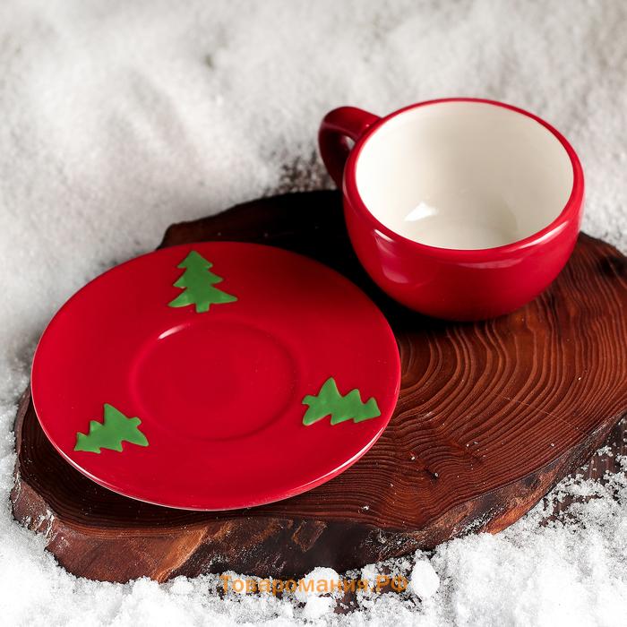 Чайная пара «Дедушка Мороз», 2 предмета: чашка 225 мл, блюдце, цвет красный