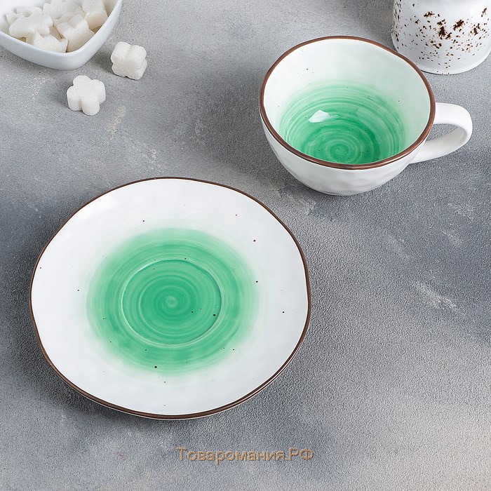 Чайная пара фарфоровая «Космос», 2 предмета: чашка 250 мл, блюдце d=16 см, цвет зелёный