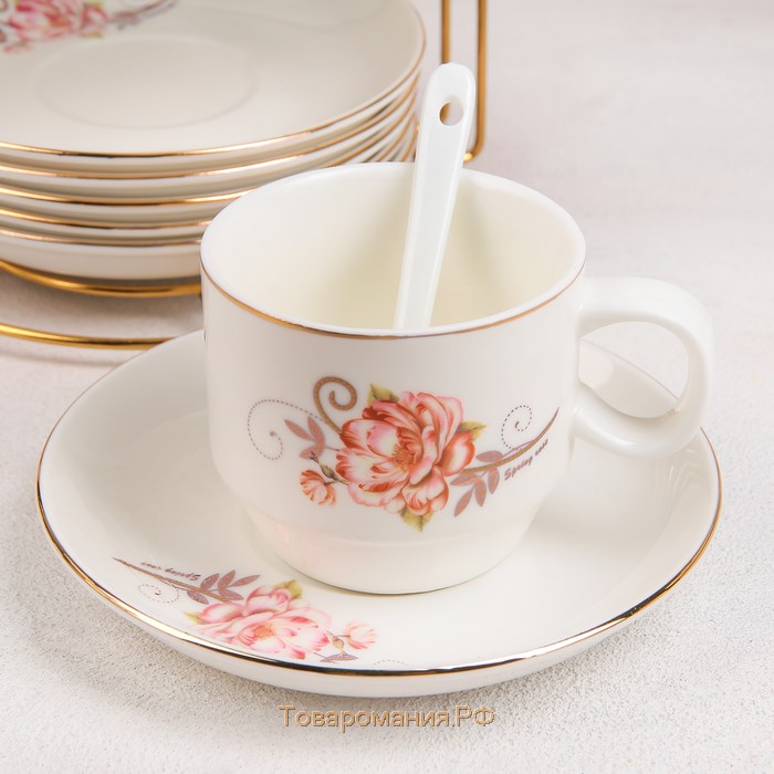 Сервиз чайный керамический на металлической подставке «Роза», 19 предметов: 6 чашек 170 мл, 6 блюдец 13,5 см, 6 ложек, цвет белый