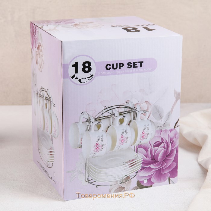 Сервиз чайный керамический на металлической подставке «Роза», 19 предметов: 6 чашек 170 мл, 6 блюдец 13,5 см, 6 ложек, цвет белый