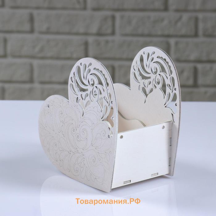 Кашпо деревянное "Сердце ажурное", белый, 18×8.6×14 см