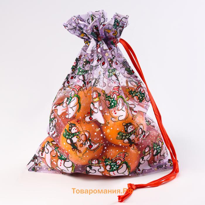 Новогодний мешок «Снеговики с ёлками», р. 25 × 32 см, органза