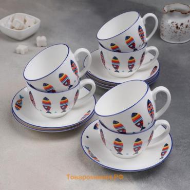 Сервиз фарфоровый чайный «Емеля», 12 предметов: 6 чашек 280 мл, 6 блюдец d=15 см, цвет белый