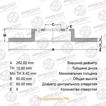 Диск тормозной AVANTECH (RR) Lancer X (07-)1.8i MT5 EUROPE