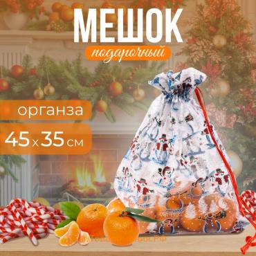 Новогодний мешок «Снеговики с ёлками», р. 25 × 32 см, органза