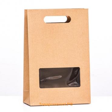 Коробка-пакет, крафт с окном и ручкой, 30 х 20 х 8 см